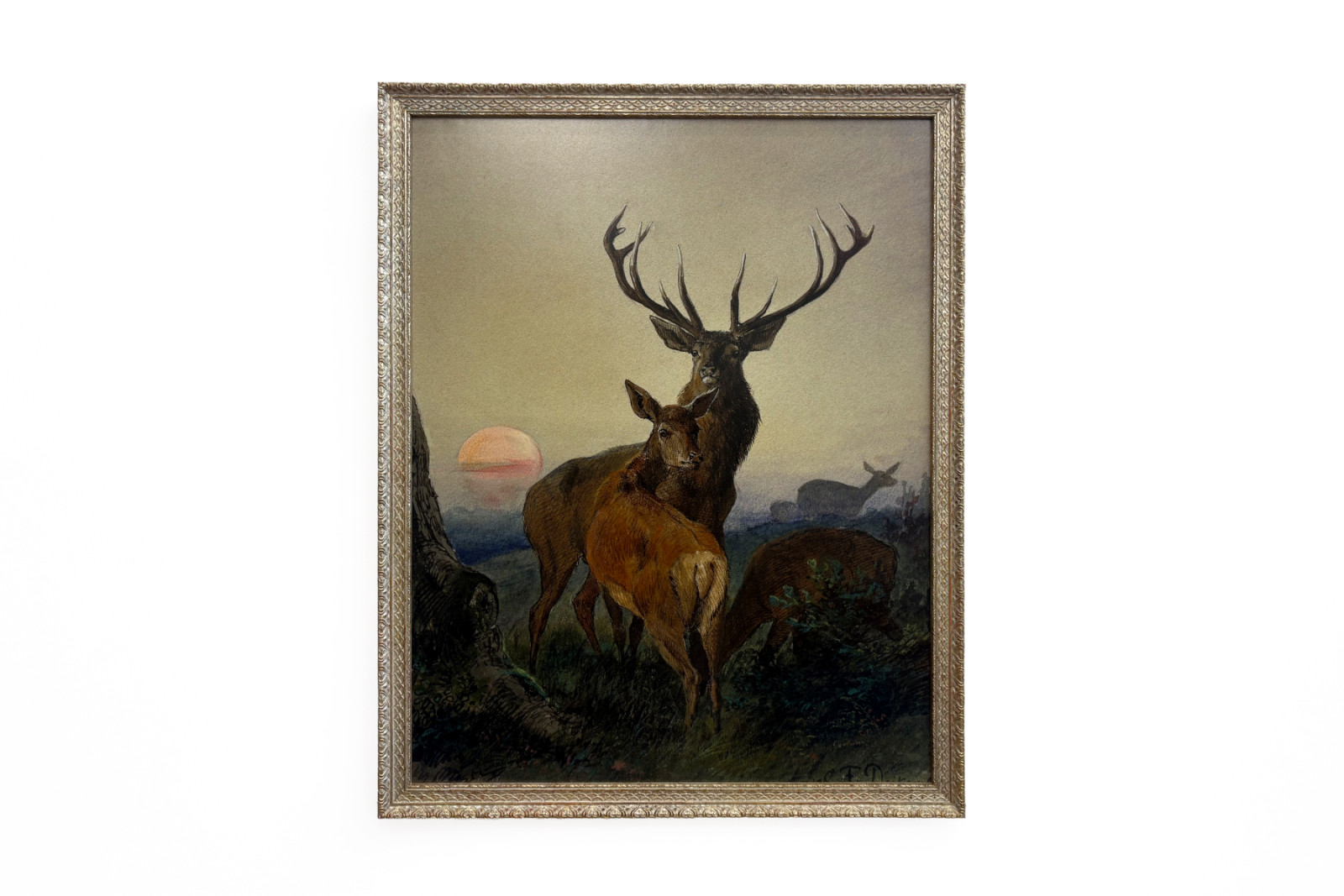 Un ciervo con un ciervo en un paisaje boscoso al atardecer - Carl Friedrich Deiker