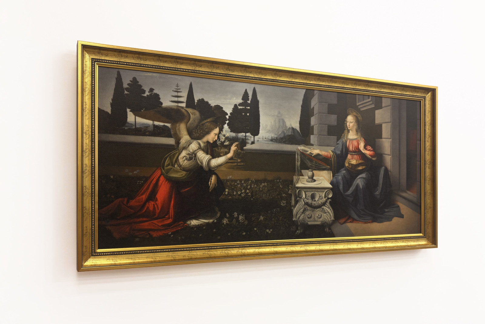 Italia Toscana Florencia, Galería de los Uffizi: La Anunciación, Pintura de Leonardo da Vinci (1452-1519), Óleo sobre madera, ca. 1472-1475, 98x217 cm - Leonardo da Vinci