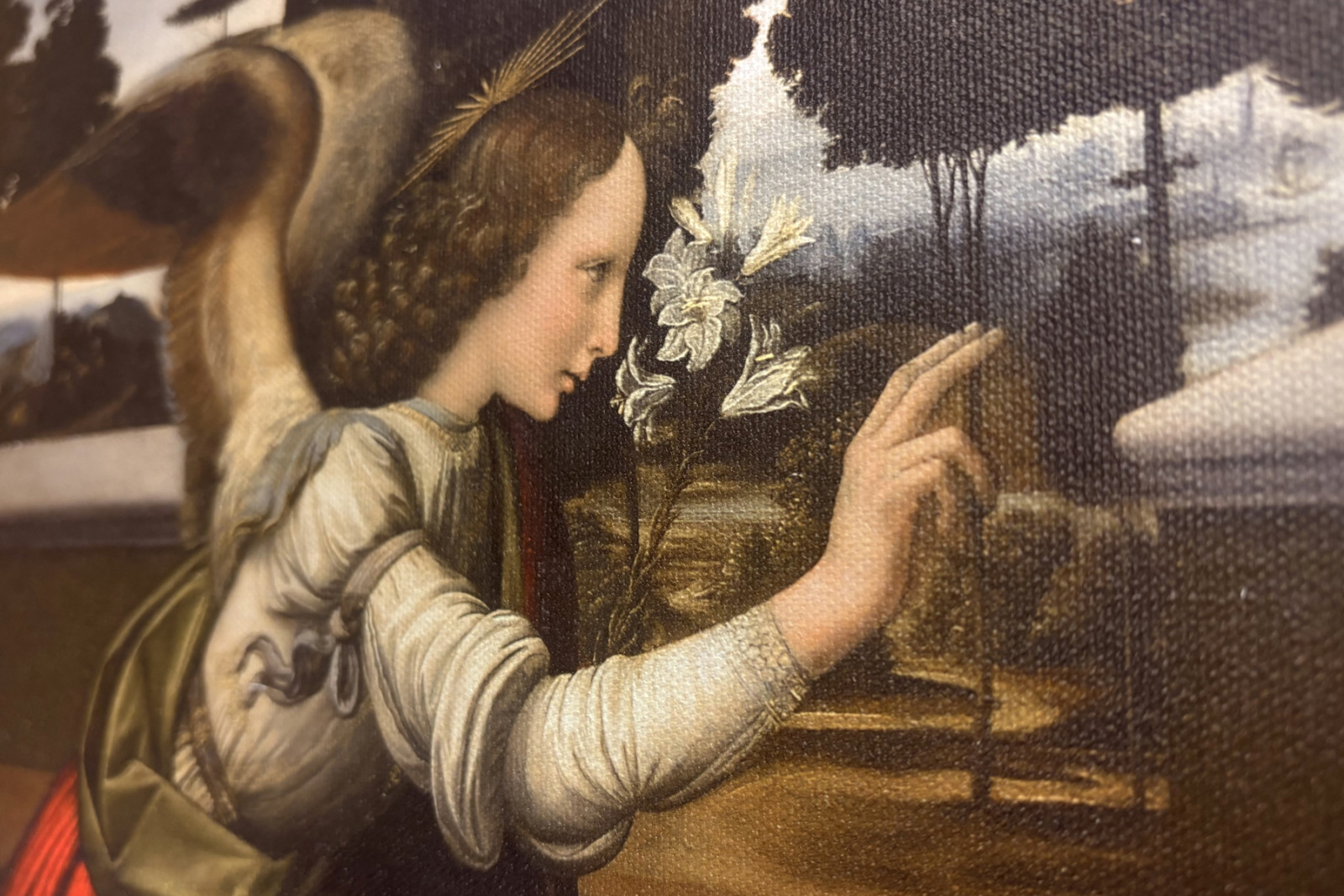 Italia Toscana Florencia, Galería de los Uffizi: La Anunciación, Pintura de Leonardo da Vinci (1452-1519), Óleo sobre madera, ca. 1472-1475, 98x217 cm - Leonardo da Vinci