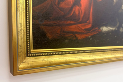 Italia Toscana Florencia, Galería de los Uffizi: La Anunciación, Pintura de Leonardo da Vinci (1452-1519), Óleo sobre madera, ca. 1472-1475, 98x217 cm