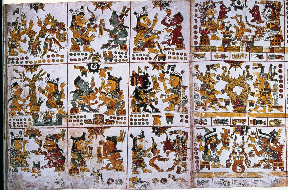 Detalle de una copia facsímil de una página del Códice Borgia que muestra seis parejas de dioses que representan la adivinación para las parejas de Unknown