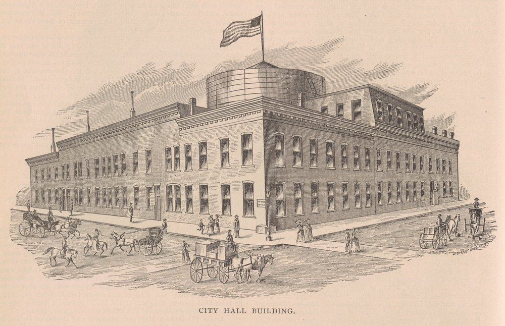 Edificio del Ayuntamiento, ilustración de la Historia de Chicago vol. 2 por Alfred Theodore Andreas, publicado en 1885 de American School