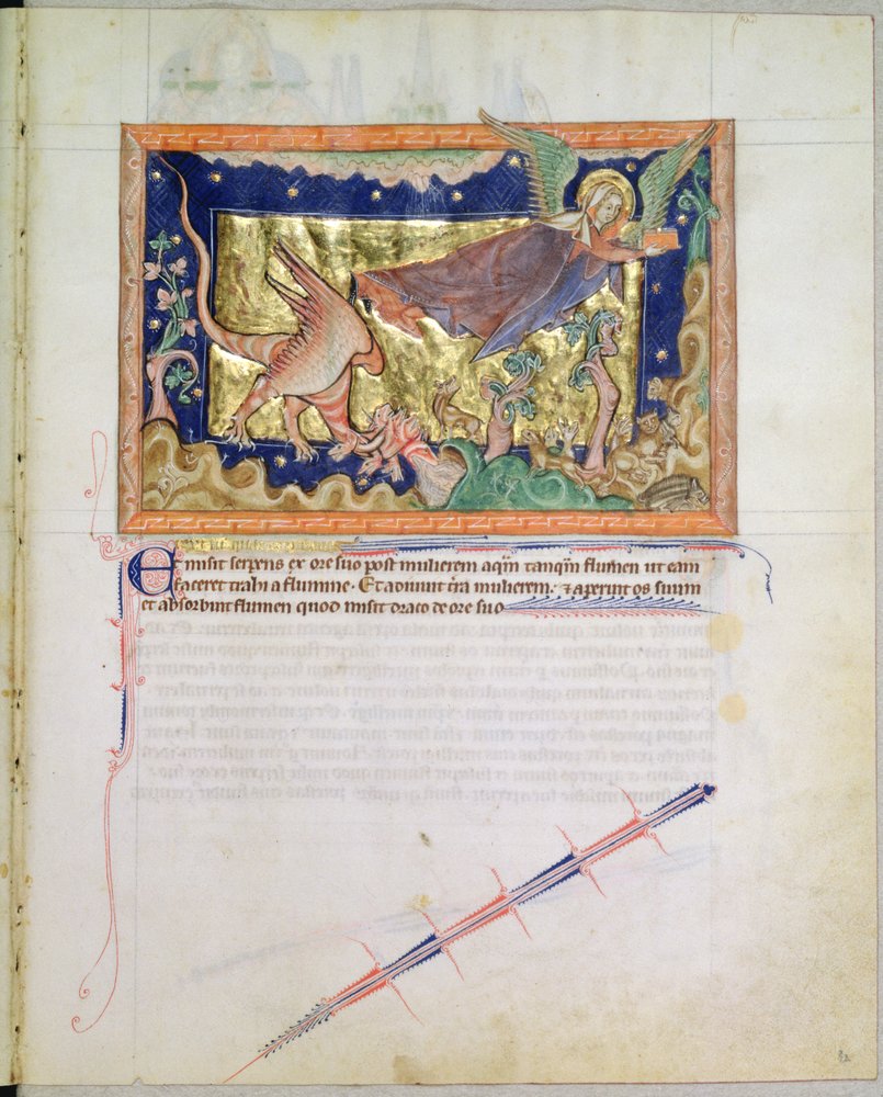 La mujer volando mientras la Tierra traga el agua expulsada por el dragón rojo, del Apocalipsis de Gulbenkian, c.1265-70 de English School