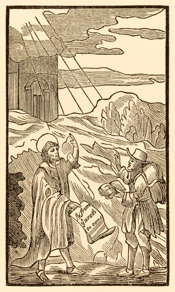 El cristiano no más deja el mundo pero se encuentra con el evangelista de El progreso del peregrino de este mundo, al que está por venir de John Bunyan (1628-1688) de Unknown