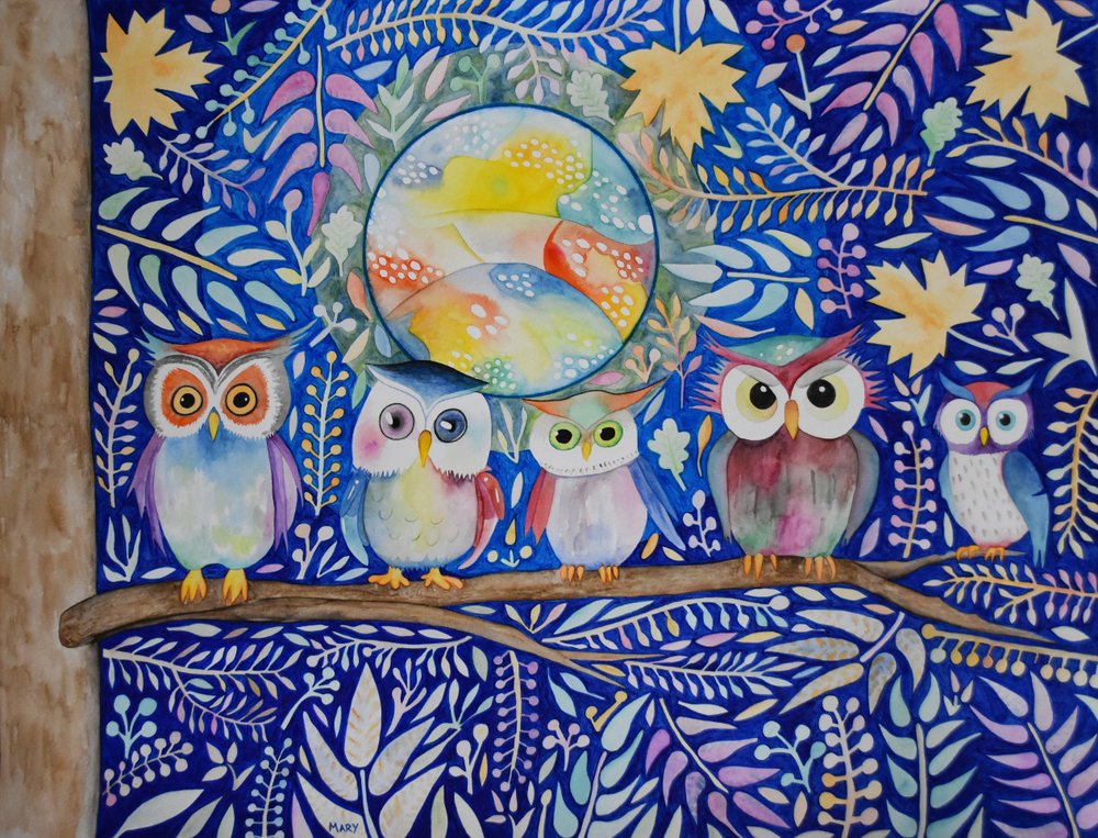 Búhos de noche de Marys Watercolors
