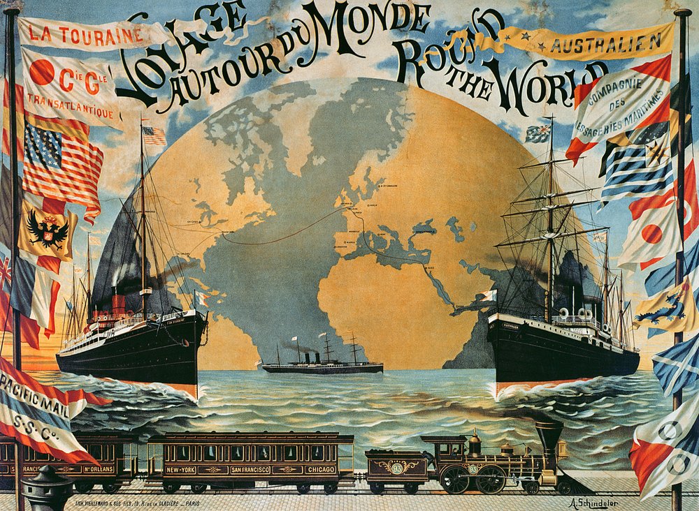 «Viaje alrededor del mundo», cartel para la «Compagnie Générale Transatlantique», finales del siglo XIX de A. Schindler