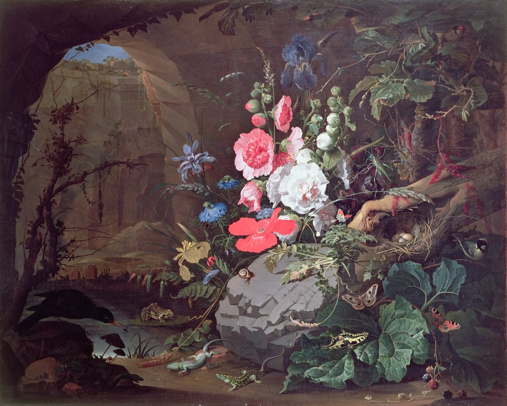 Flores y pájaros en una cueva de Abraham Mignon