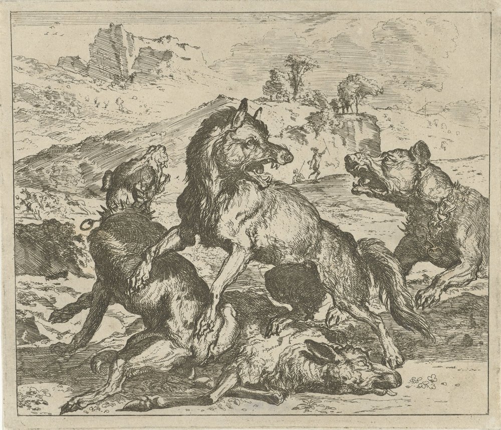 Lobo atacado por perros Diferentes animales (título de la serie) de Abraham Danielsz. Hondius