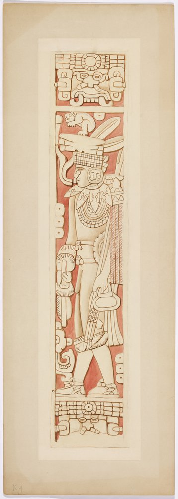 Figura de guerrero en los jambas de la puerta entre las cámaras interior y exterior del Templo Superior de los Jaguares de Adela Breton