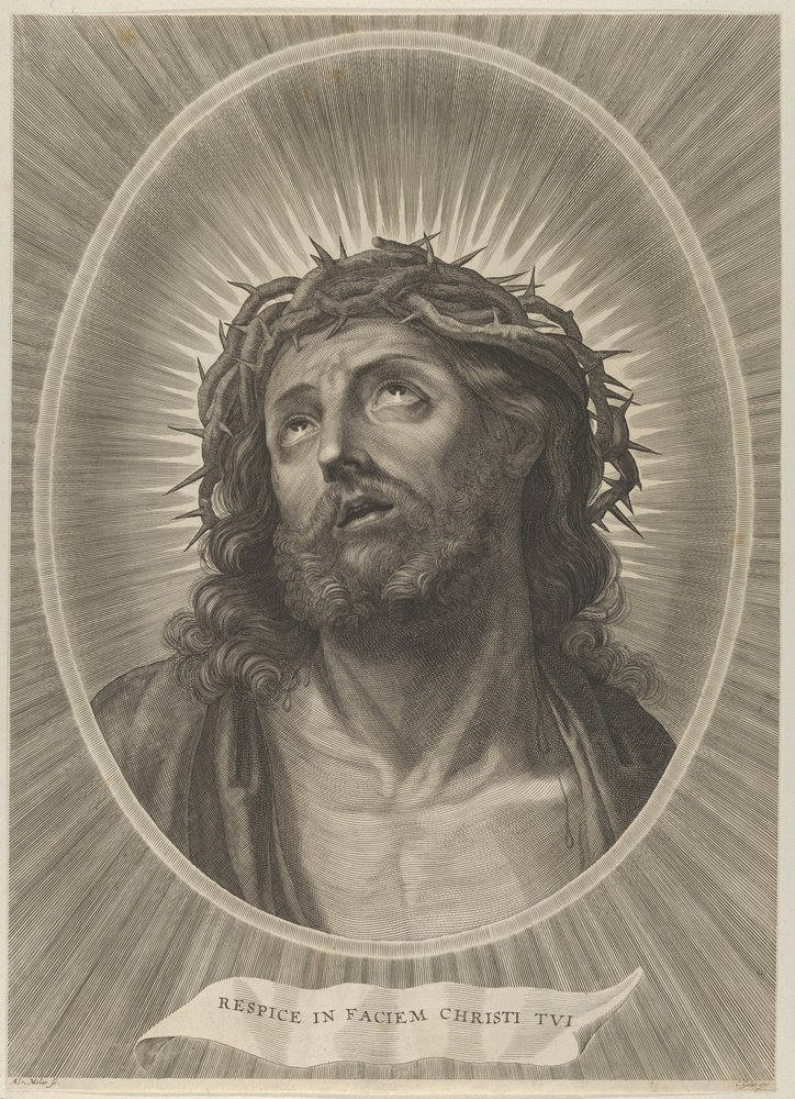 Cabeza de Cristo mirando hacia arriba con corona de espinas, en un marco ovalado, después de Reni, ca. 1653-67 de Adrian van Melar