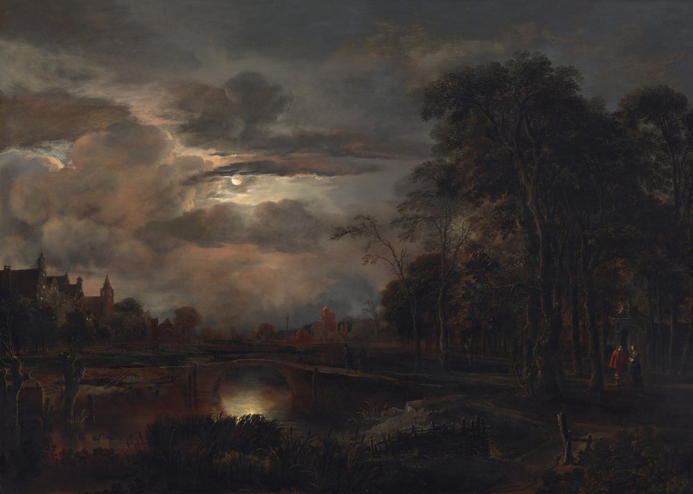Paisaje nocturno con puente de Aert van der Neer