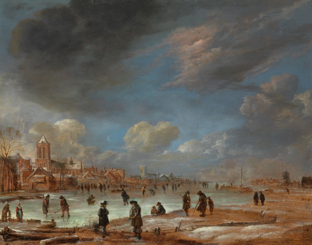 Paisaje invernal cerca de una ciudad con jugadores de golf de Aert van der Neer