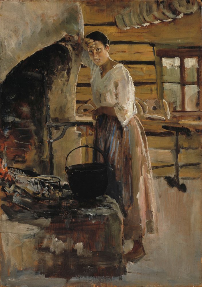 Mujer cocinando pescado blanco; Mujer asando pescado de Akseli Gallen-Kallela