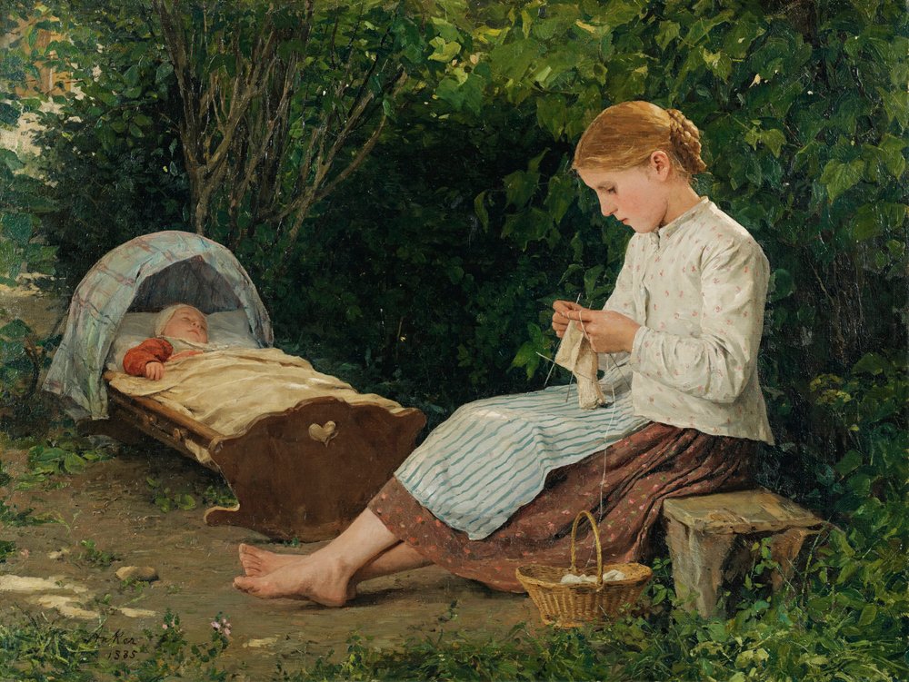 Niña tejiendo, cuidando a un niño pequeño en la cuna de Albert Anker