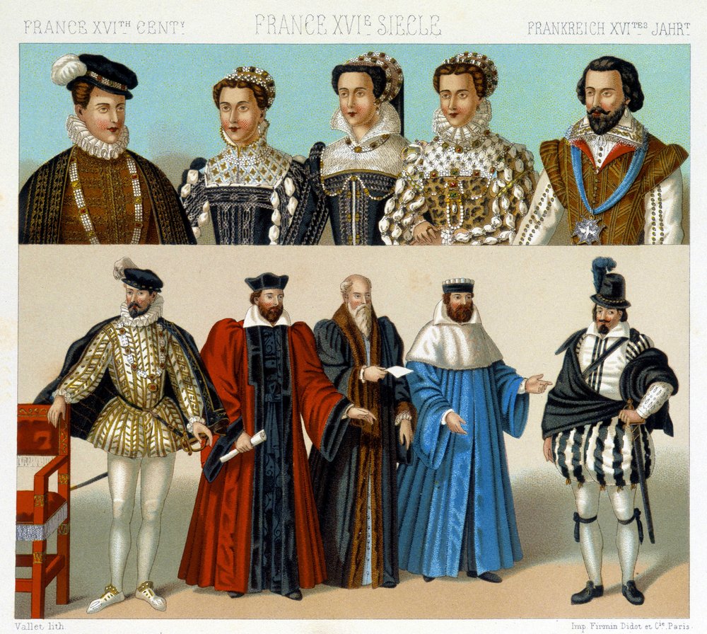 Trajes de nobles y magistrados en Francia en el siglo XVII. Placa cromolitográfica - en “El traje histórico” de Racinet de Albert Charles August Racinet