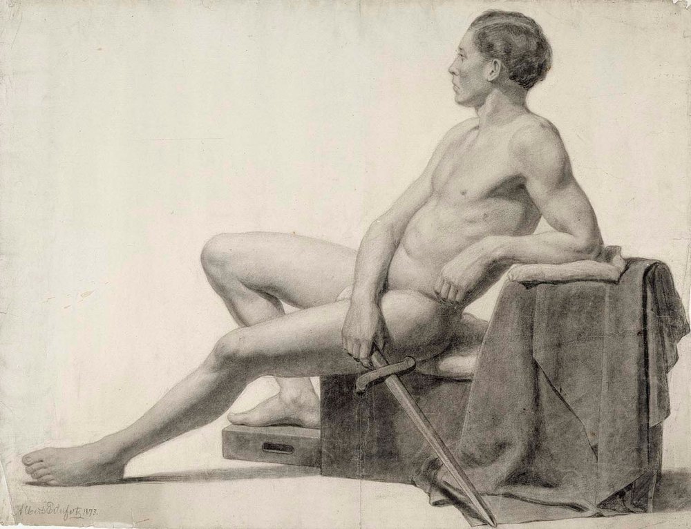 Modelo masculino sentado sosteniendo una espada, estudio de la Academia de Albert Edelfelt