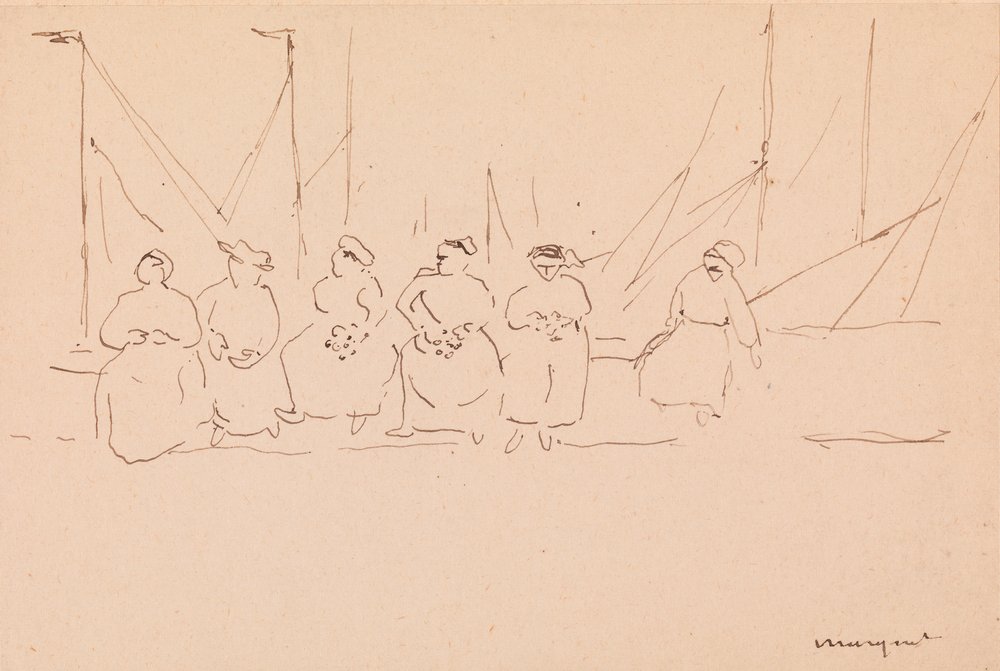 Seis mujeres en un muelle (pluma y tinta sobre papel) de Albert Marquet