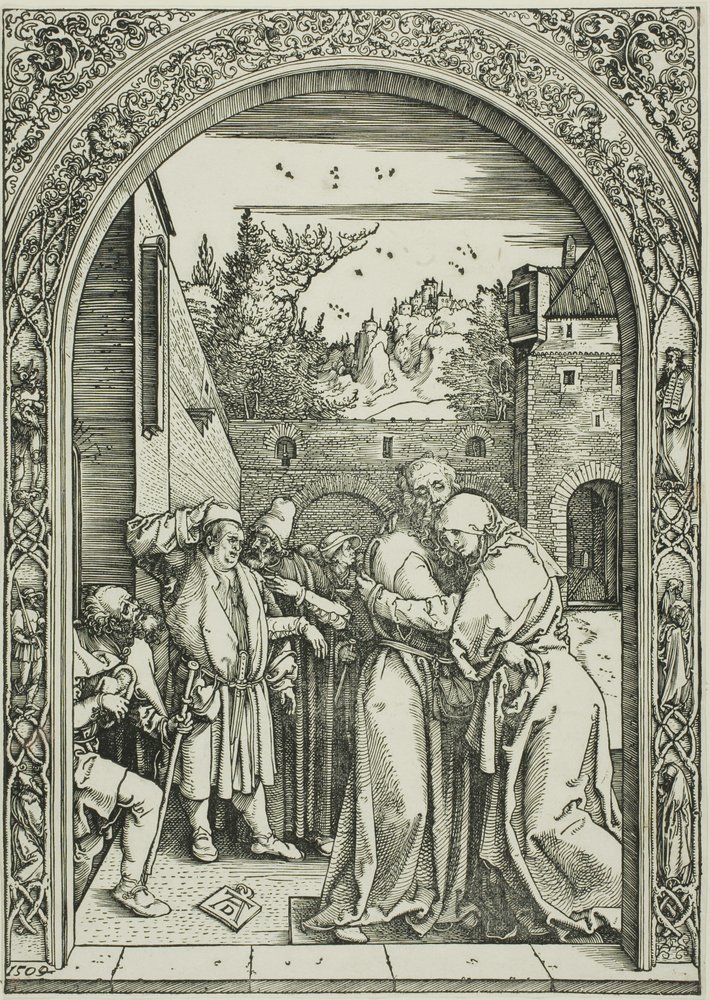 Joaquín y Santa Ana se encuentran en la Puerta Dorada, de La vida de la Virgen de Albrecht Dürer