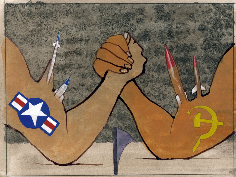 Representación alegórica de la Guerra Fría como un pulso entre las fuerzas armadas de América y la Unión Soviética. Ilustración de Alessandro Lonati de Alessandro Lonati
