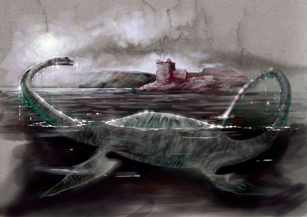 Monstruos y criaturas fantásticas, criptozoología: representación de Nessie, el monstruo del lago Ness en Escocia - Dibujo de Alessandro Lonati, 2012. de Alessandro Lonati