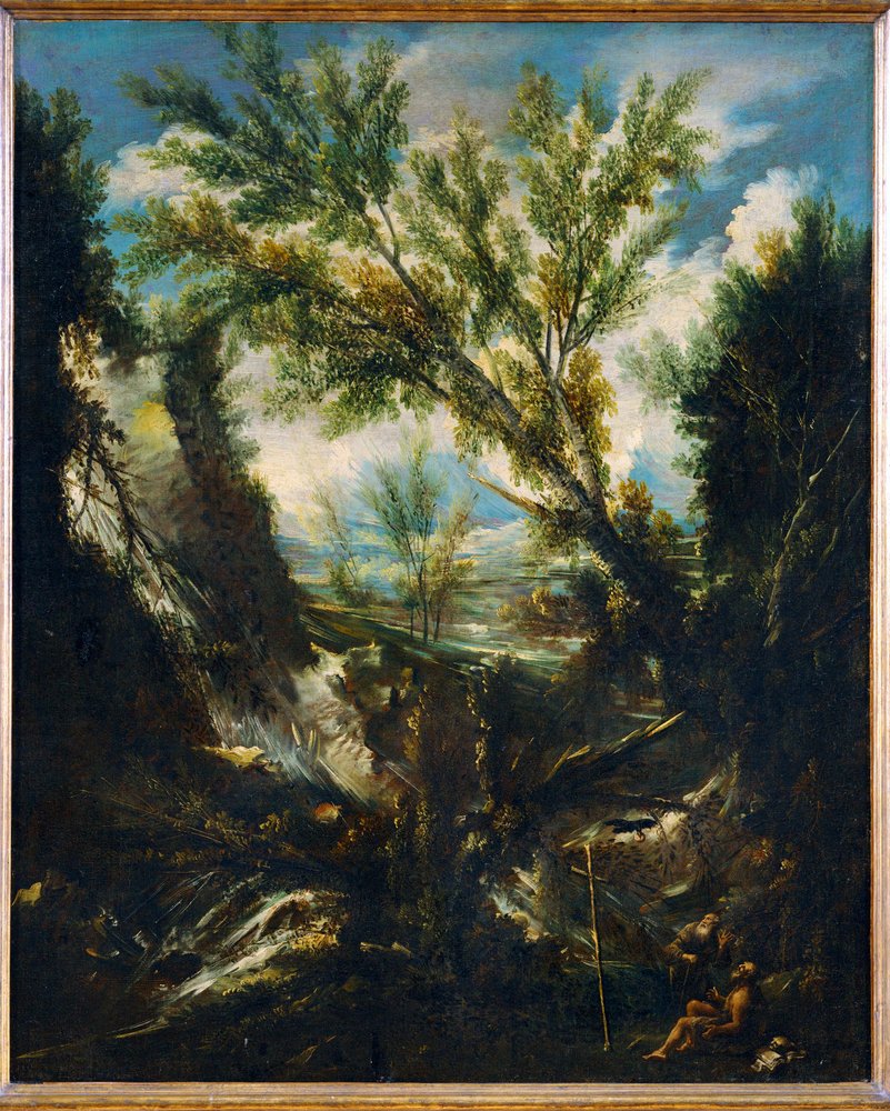 Paisaje tormentoso con el profeta Elías y San Jerónimo, padre de la Iglesia (pintura sobre lienzo) de Alessandro Magnasco