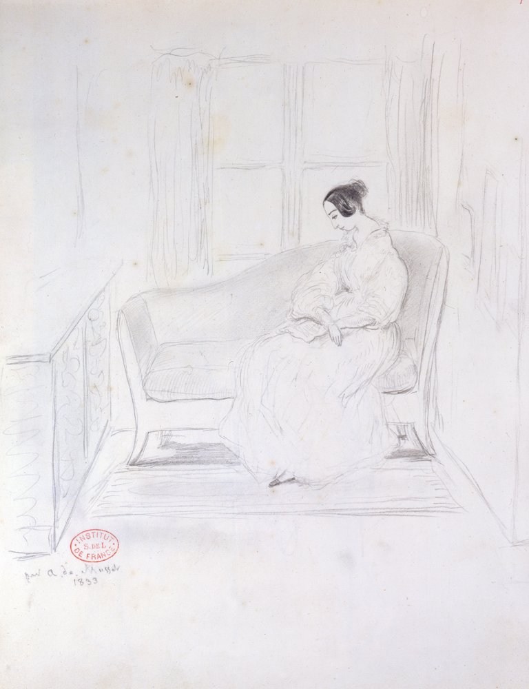 George Sand (1804-76), leyendo en un sofá junto a una ventana, 1833 de Alfred de Musset