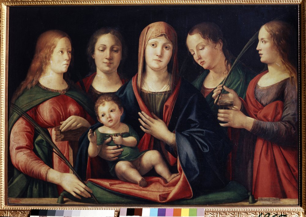 La Virgen y el Niño con Marie Madeleine Sainte Catherine y dos santos (Virgen y el Niño con María Magdalena, Santa Catalina y dos santos). Pintura de Alvise Vivarini (circa 1446-circa 1505). Óleo sobre lienzo, 89 x 129 cm de Alvise Vivarini