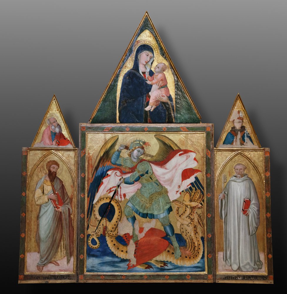 San Miguel Arcángel matando al dragón entre los santos Benito y Bartolomé (temple sobre tabla) de Ambrogio Lorenzetti
