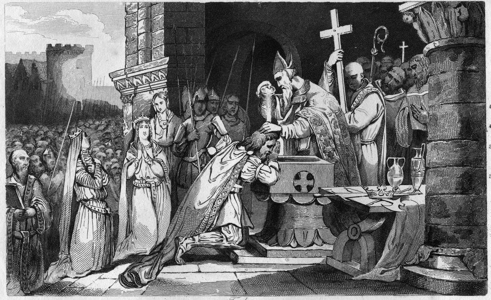 Clovis I (465-511) bautizado con hombres de su ejército antes de la Batalla de Tolbiac - Bautismo de Clovis I, 25 de diciembre de 496: el rey de los francos (466-511) es bautizado por San Remi (437-533), obispo de Reims, en la Iglesia de San Martín - graba de Ambroise Tardieu