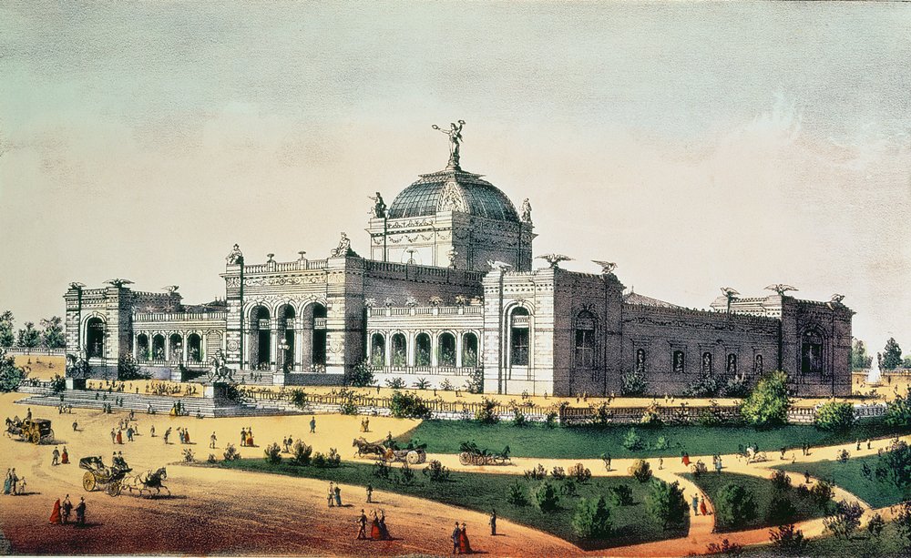 Galería de Arte, Gran Exposición del Centenario de los Estados Unidos, Fairmount Park, Filadelfia, 1876, pub. por Currier y Ives de American School