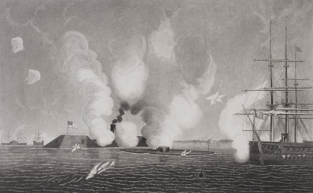 Combate entre el CSS Virginia Confederado (izquierda) y el USS Monitor de la Unión (centro) el 9 de marzo de 1862 en Hampton Roads, Virginia de American School