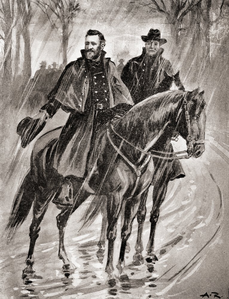 El General Grant haciendo un reconocimiento bajo la lluvia en Belmont, Missouri, antes de la batalla de 1861, de "The History of Our Country", publicado en 1905 (litografía). de American School