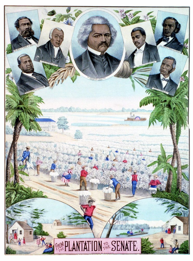 Plantaciones en el Senado: ilustración que representa a trabajadores negros en plantaciones de algodón y a senadores negros en el sur de Estados Unidos. de American School