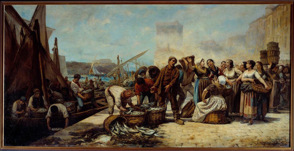 La llegada de los pescadores al muelle Saint Jean de Marsella Pintura de André Marius Guindon (1830-?) Siglo XIX Marsella, Museo de Bellas Artes de Andre Marius Guindon