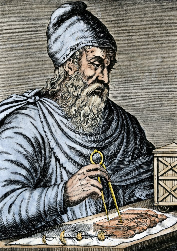 Ciencias: Arquímedes de Siracusa (287-212 a.C.), matemático griego de la Antigüedad que utiliza un pie deslizante para los planos del tornillo de Arquímedes, del que parece relatar el principio de Egipto y que utiliza para elevar el agua. Grabado en color  de Andre Thevet