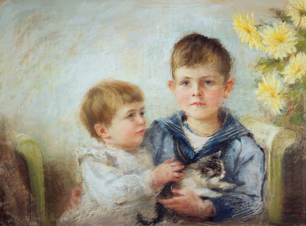 Un niño y una niña con un gatito de Anna Lea Merritt
