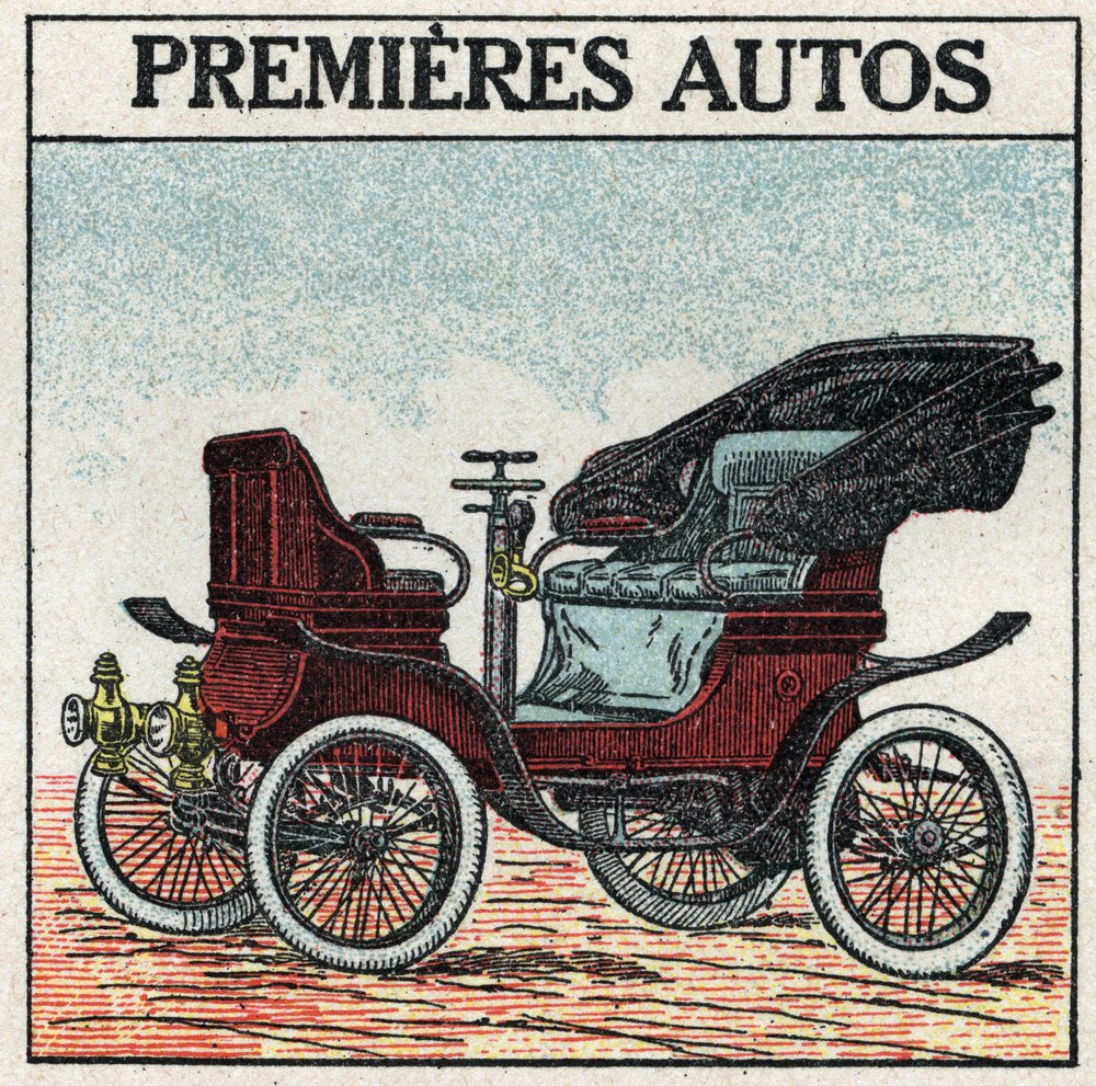 Tracción mecánica: los primeros automóviles de gasolina inventados en 1895 por Panhard y Levassor. Ilustración anónima de 1925. Colección privada. de Anonymous Anonymous