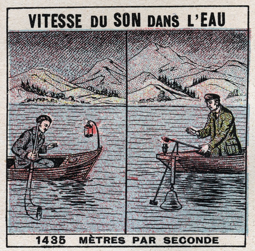 Energía sonora: velocidad del sonido en el agua. Experiencia de 1826-1827 por Jean Daniel (Jean-Daniel) Colladon (1802-1893) y Charles Francois Sturm (1803-1855) en el Lago de Ginebra (Lago Lemán). Dos barcos amarrados a 14 km de distancia, uno de los barc de Anonymous Anonymous