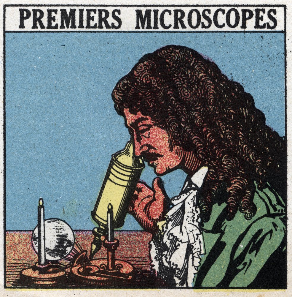 Los primeros instrumentos ópticos: microscopio utilizado en la época de Christiaan Huygens (Huyghens) (1629-1695). Ilustración anónima de 1925. Colección privada. de Anonymous Anonymous
