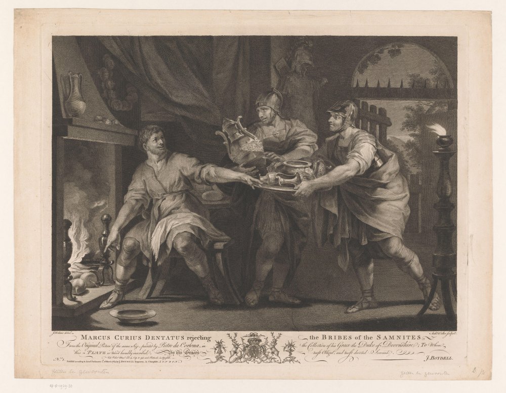 Manius Curius Dentatus rechaza los regalos de los samnitas Marcus Curius Dentatus rechazando los sobornos de los samnitas (título sobre el objeto) Pinturas del siglo XVII de la colección Devonshire (título de la serie) de Anthony Walker