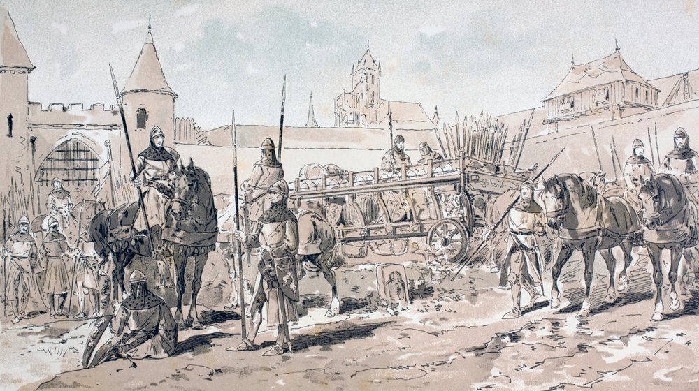 Caballería y soldados de infantería con carro tirado por caballos llevando armas y suministros durante el siglo XIII, 1886 de Armand Jean Heins
