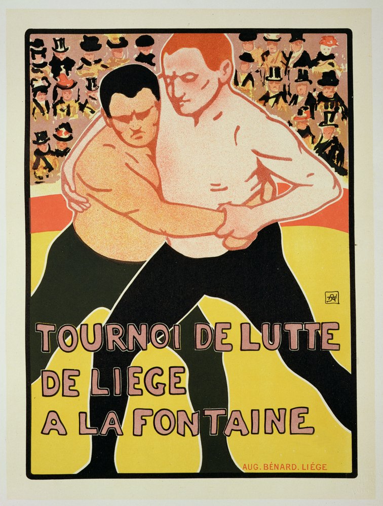 Reproducción de un cartel publicitario de un torneo de lucha libre, en The Fountain, Lieja, Bélgica, 1899 de Armand Rossenfosse