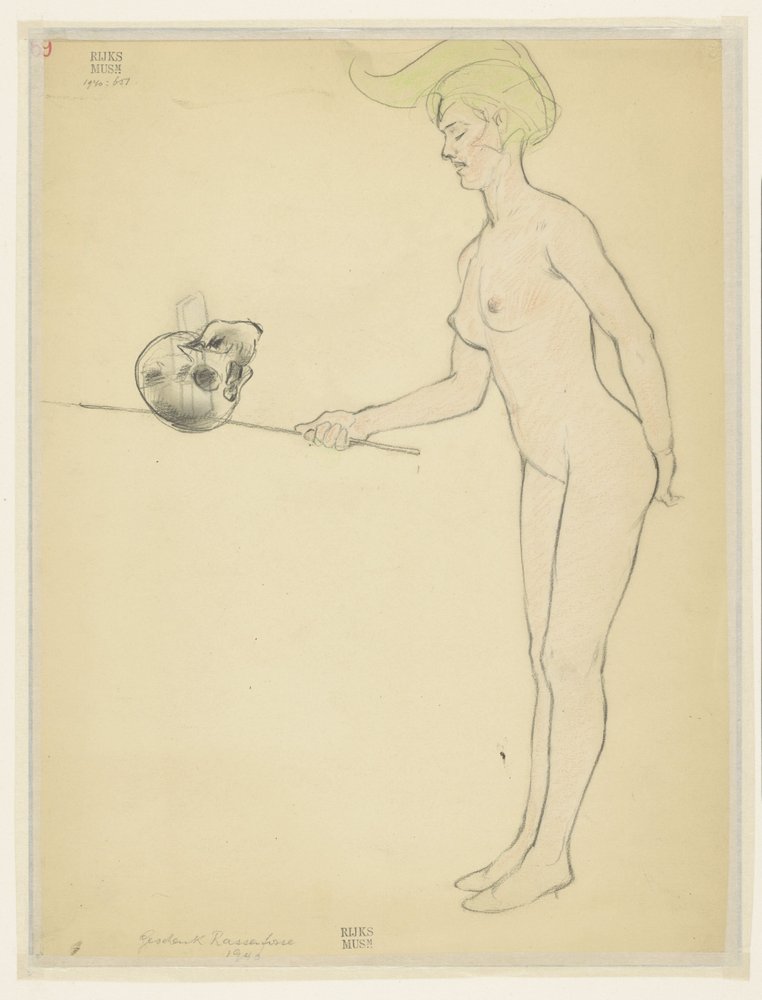 Mujer desnuda de pie con un palo y una calavera de Armand Rassenfosse