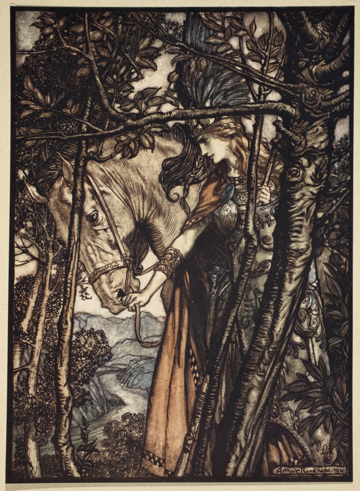 Brunilda lleva lentamente y en silencio a su caballo por el camino hacia la cueva, ilustración de 