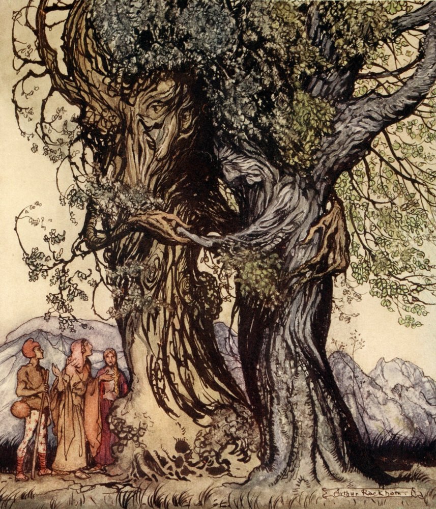 «¡Soy el viejo Filemón!», murmuró el roble, ilustración de «A Wonder Book for Girls and Boys» de Nathaniel Hawthorne, 1928 de Arthur Rackham