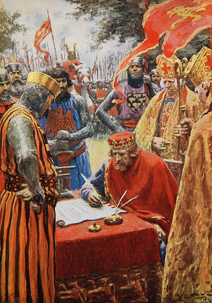El rey Juan firmando la Carta Magna a regañadientes (litografía en color) de Arthur C. (after) Michael