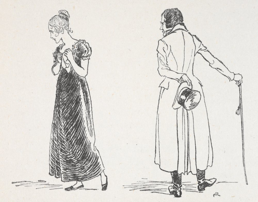 Una joven pareja discute, la mujer se ha dado la vuelta apretando un pañuelo contra su pecho. de Arthur Rackham