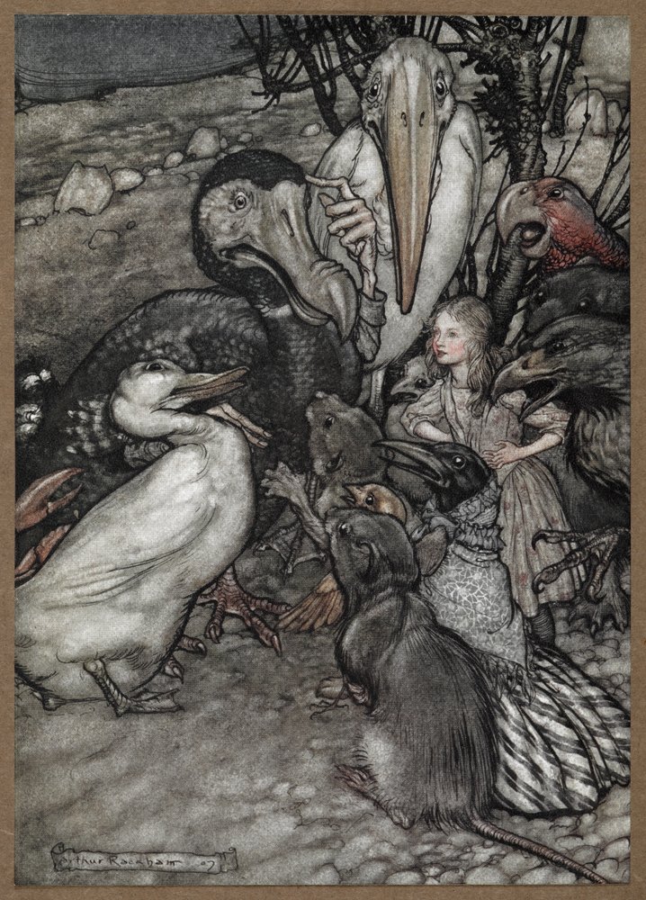 Alice y los animales después de la Carrera de Caucus, incluyendo un dodo, un pato, una rata, un cuervo y un loro. de Arthur Rackham