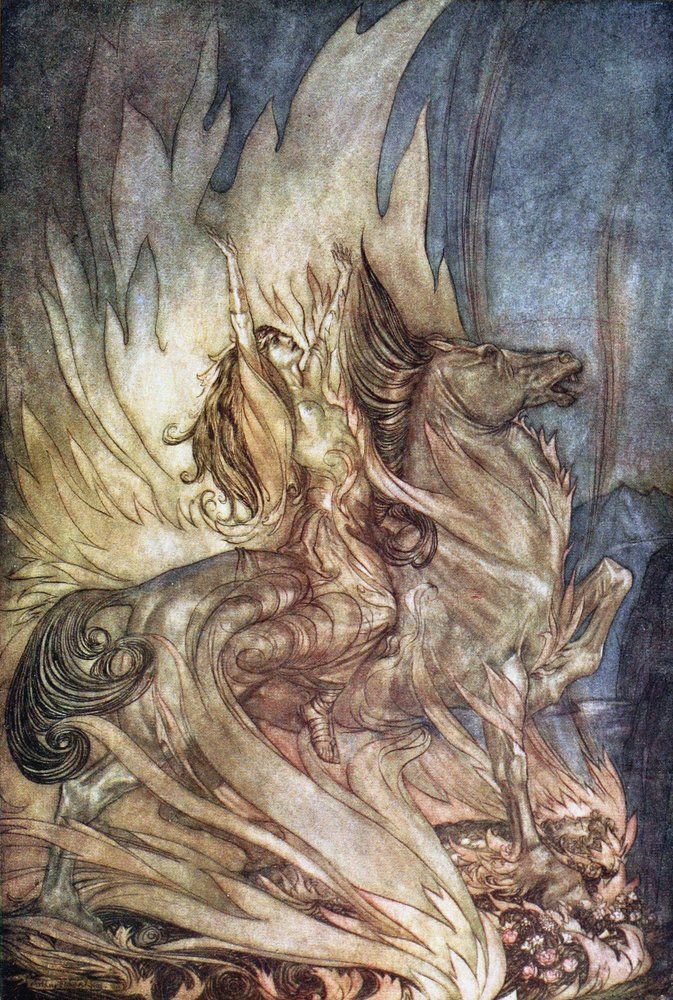 Brünnhilde en Grane salta a la pira funeraria de Sigfrido. Ilustración para Sigfrido y El Crepúsculo de los Dioses de Arthur Rackham