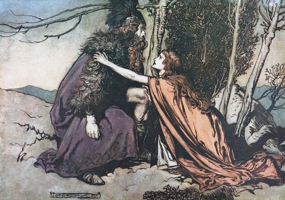 ¡Padre! ¡Padre! Dime qué te aflige. Ilustración para El oro del Rin y La valquiria de Richard de Arthur Rackham